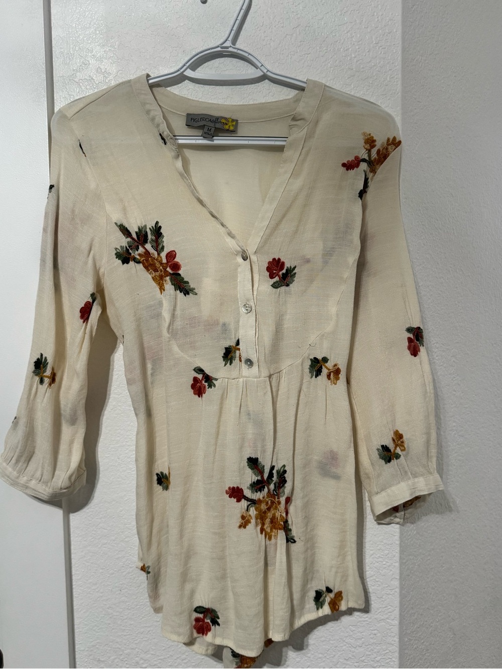 Rails Cream V-Neck Tunic with Red & Mustard Floral Embroidery